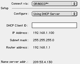 [TCP/IP control panel set up for DHCP, with IP address fields populated]