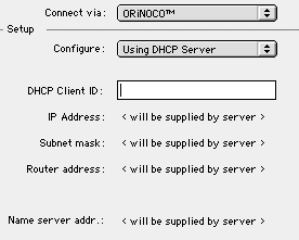 [TCP/IP control panel set up for DHCP, with IP address fields empty]
